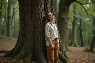Femme adossée à un grand chêne en forêt pour se ressourcer et se reconnecter à la nature