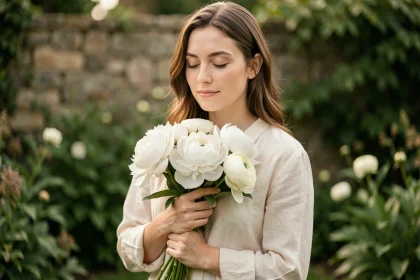 Jeune femme tenant un bouquet de fleurs blanches pivoines et renoncules symbolisant l'amour pur et la sincérité