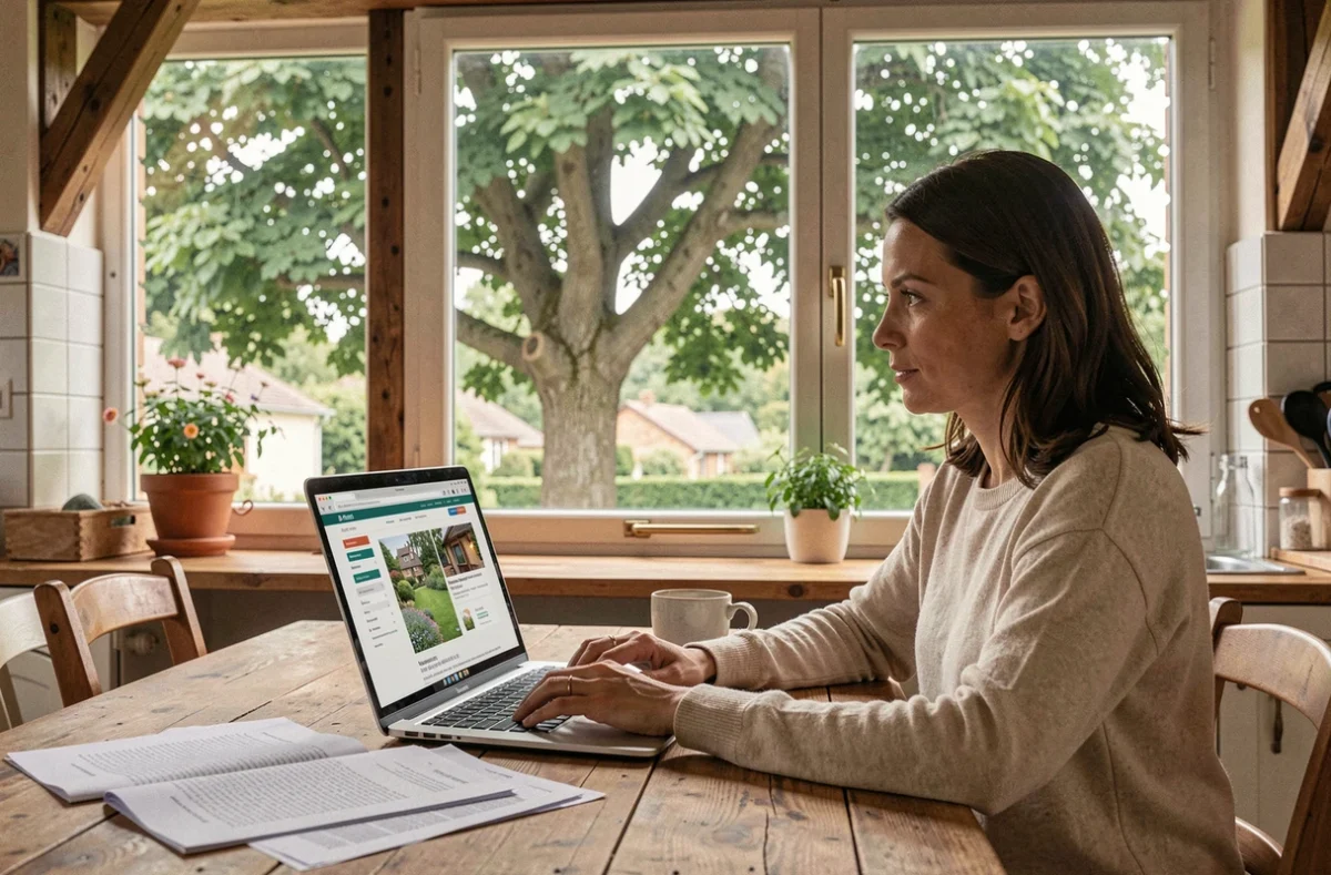 Femme consultant un site de conseil en élagage sur son ordinateur portable avec vue sur un arbre dépassant en jardin