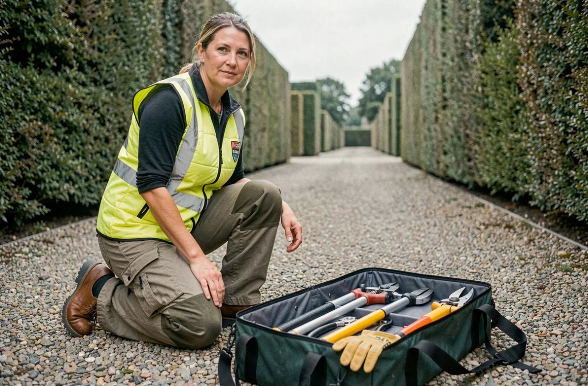 Femme élagueuse agenouillée devant un sac d'équipement professionnel rempli d'outils d'élagage sur un chemin de gravier en jardin