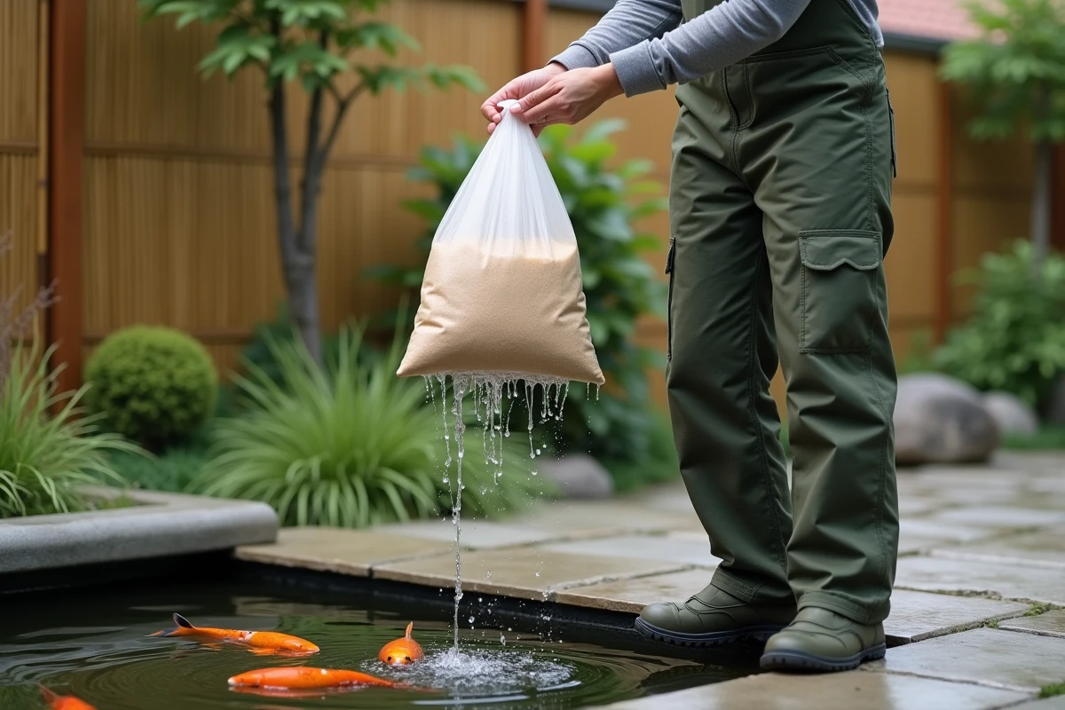 Femme entretenant un filtre biologique au bord d'un bassin à koïs dans un jardin japonais