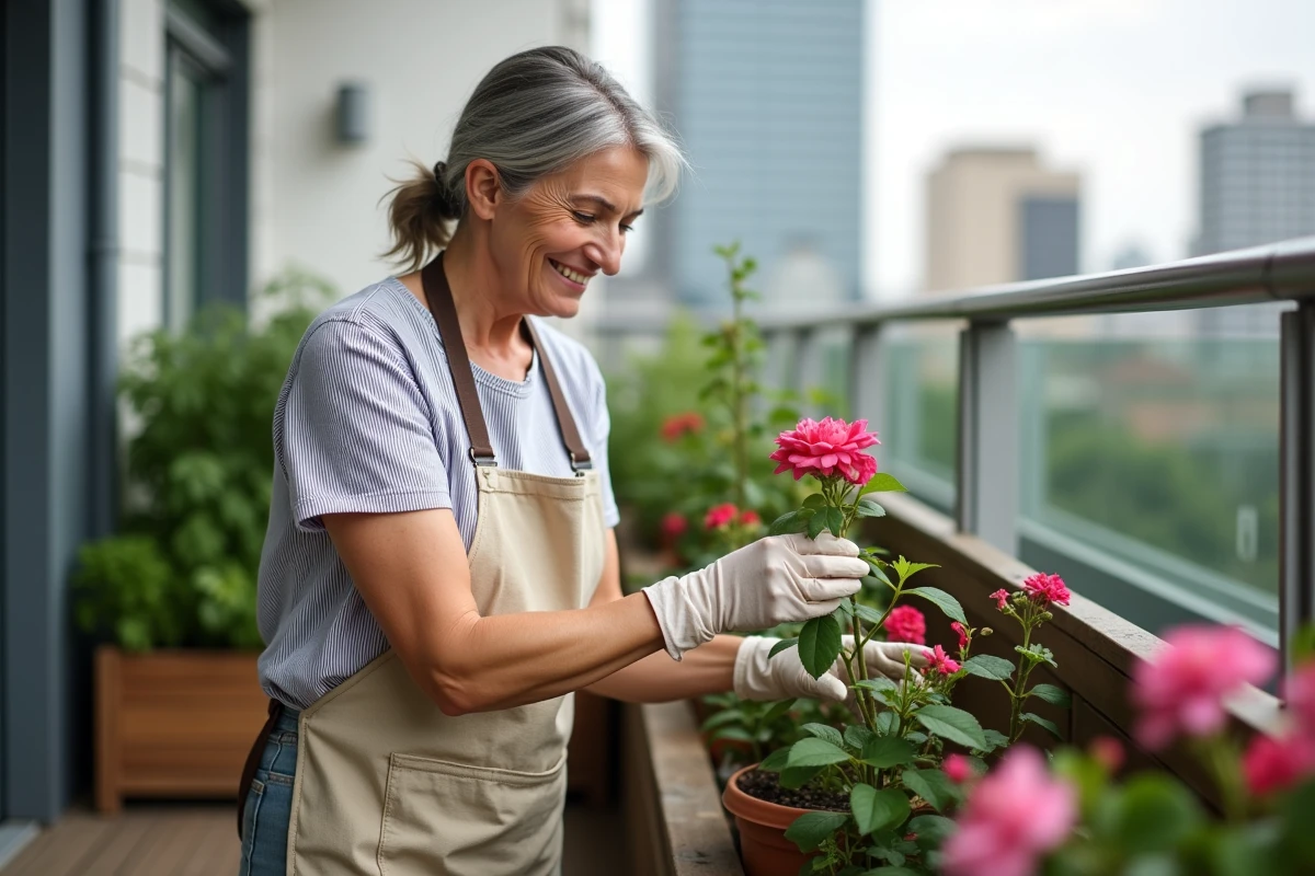 Femme jardinant dans un petit jardin de balcon urbain avec des rosiers miniatures et des plantes en pot