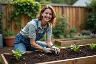Femme qui plante des jeunes plants dans un jardin surélevé en bois avec des outils de jardinage autour d'elle