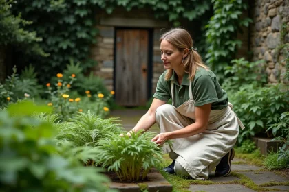 Femme agenouillée plantant des fougères dans un jardin secret entouré de murs en pierre couverts de lierre