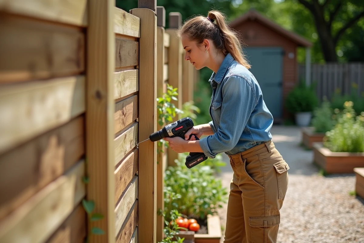 Femme vissant des lames en bois sur une clôture de jardin potager, clôture DIY facile à réaliser