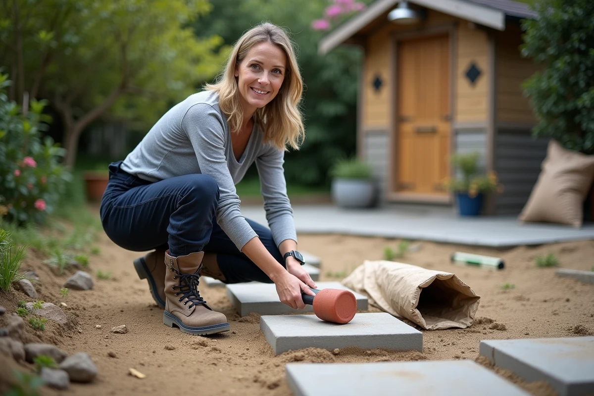 Femme posant des dalles en grès avec un maillet en caoutchouc sur une base de sable pour une allée de jardin