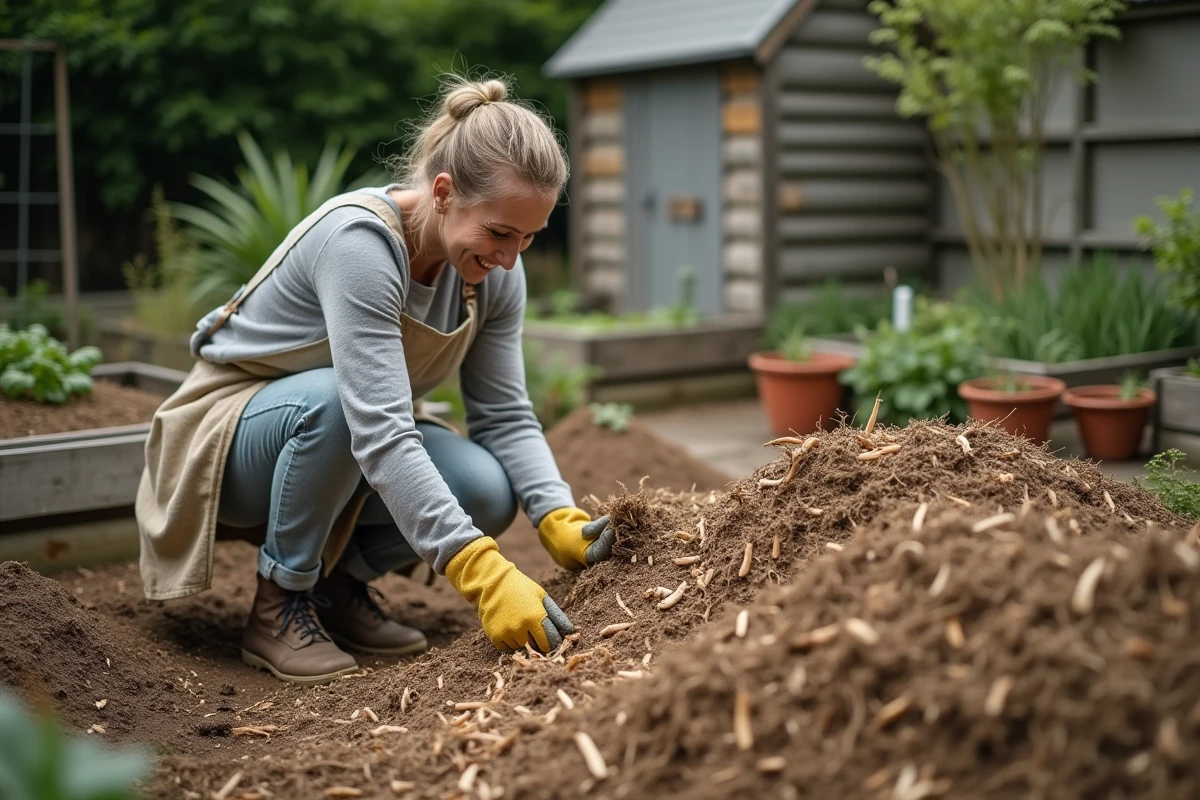 Femme retournant du compost broyé avec une fourche dans un jardin potager
