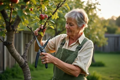 Femme taillant un prunier avec des sécateurs dans un verger, illustration de la taille des branches en excès