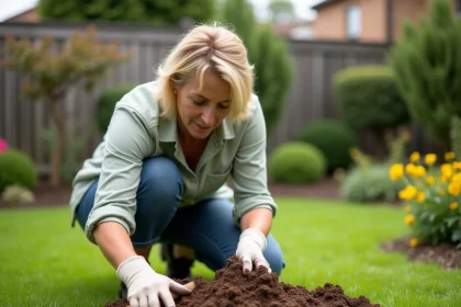 Femme qui jardine en train de traiter une taupinière avec une solution maison dans son jardin