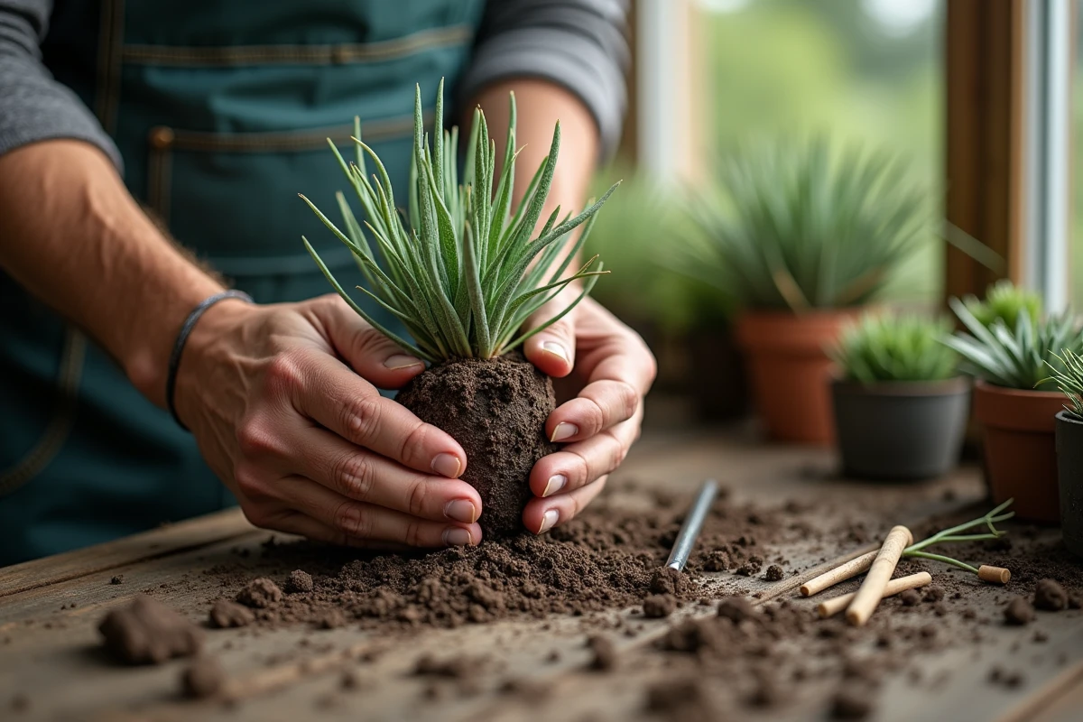 Mains de jardinier tenant une fétuque bleue rustique résistante au froid et à la sécheresse