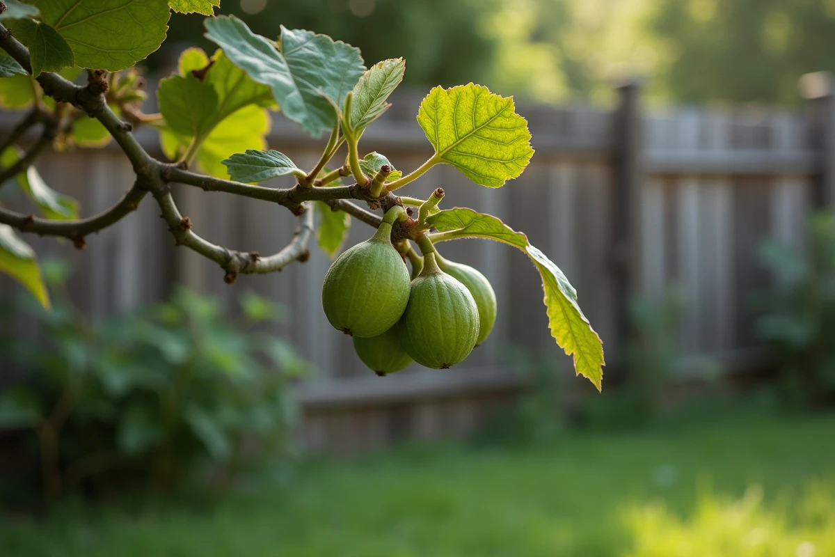 Figuier avec des figues non mûres et chétives en été suite à un gel tardif compromettant la fructification