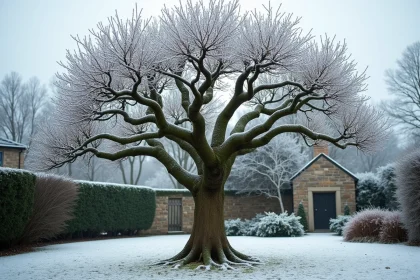 Figuier en climat froid avec des branches gelées et des dégâts de gel visibles en fin d'hiver dans un jardin enneigé