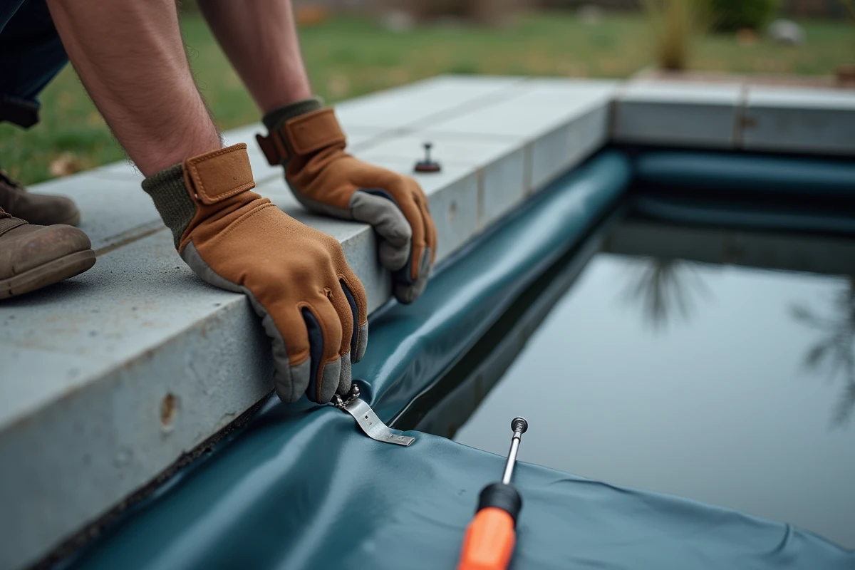 Détail de la fixation d'une bâche de bassin avec une barre d'ancrage métallique sur une margelle en béton