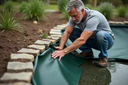 Homme fixant les bords d'une bâche de bassin sous des pierres naturelles dans un jardin