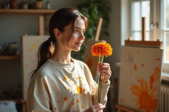 Femme artiste tenant un souci orange dans un atelier de peinture, symbolisant la créativité florale