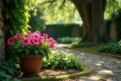 Massif de fleurs à l'ombre avec impatientes et fuchsias dans un jardin sous une canopée dense