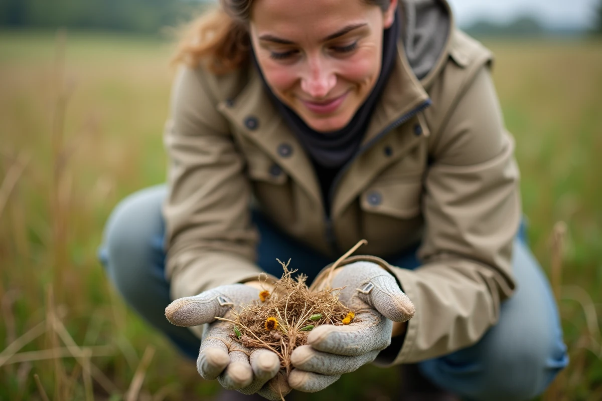 Gestionnaire de prairie examinant des herbes de fauche tardive incluant graminées et têtes de fleurs sauvages séchées