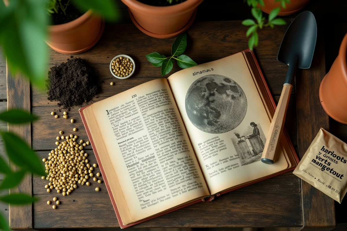 Graines de haricots verts avec calendrier lunaire et almanach sur un établi de jardin