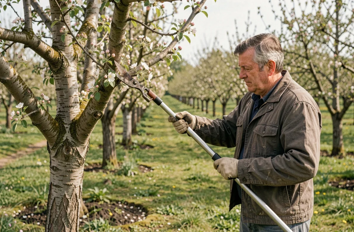 Jardinier de Griveau taillant soigneusement des arbres fruitiers dans un verger traditionnel du Loiret