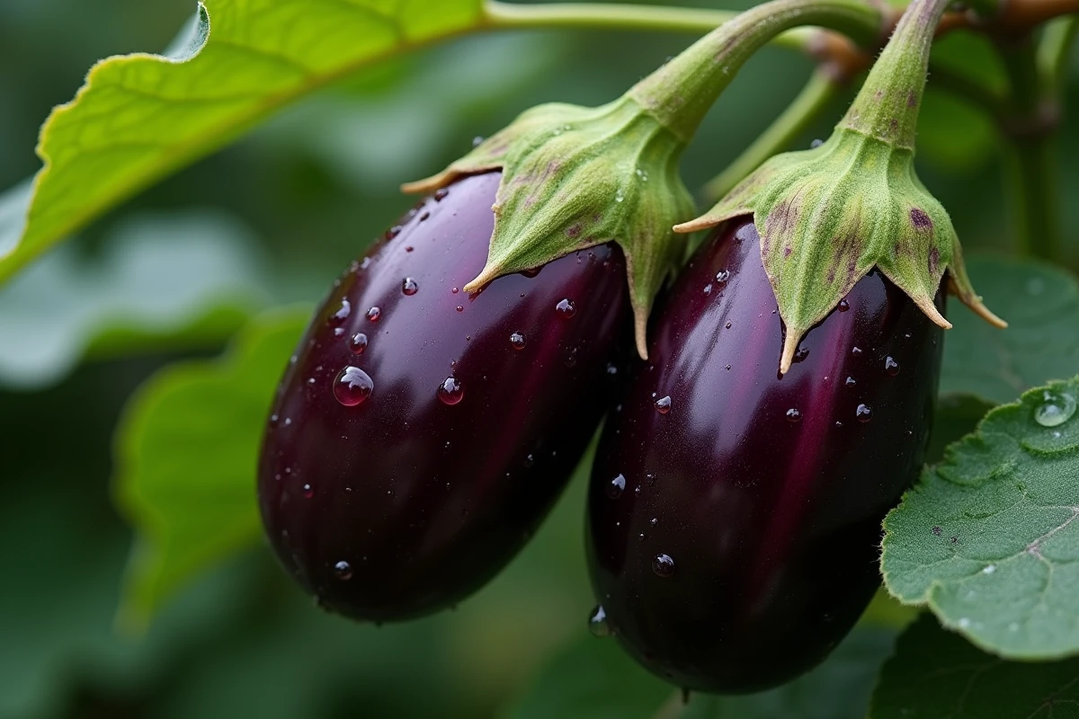 Gros plan sur des aubergines mouillées avec des gouttes d'eau sur la peau luisante après la pluie