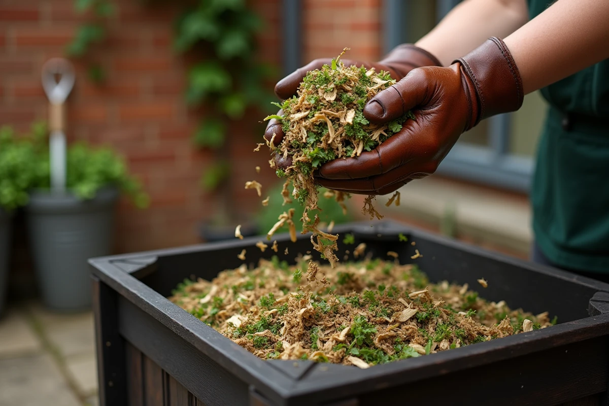Gros plan de mains tenant du compost broyé finement au-dessus d'un bac à compost en bois dans un jardin