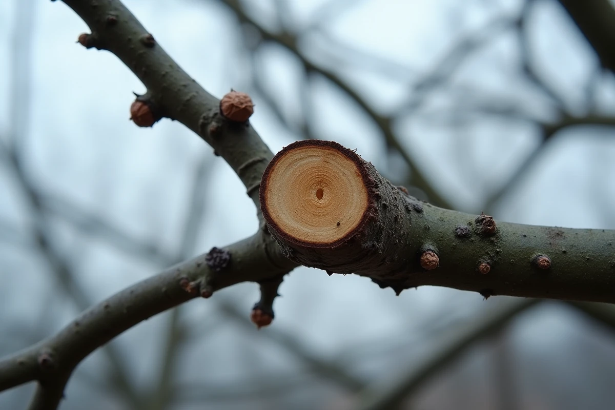 Gros plan sur une coupe nette sur une branche de prunier montrant l'angle et le bourgeon de remplacement