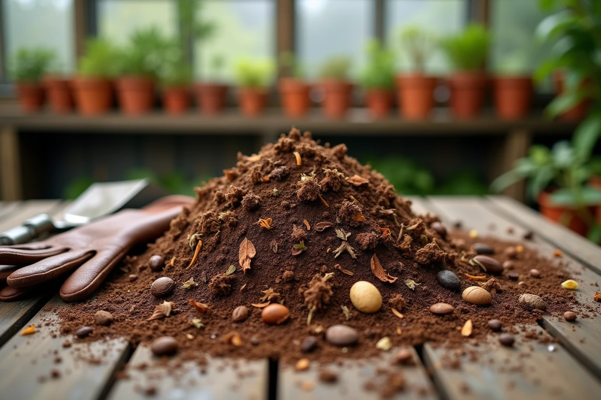Gros plan sur des déchets organiques broyés et prêts à composter sur une table de jardinage en bois