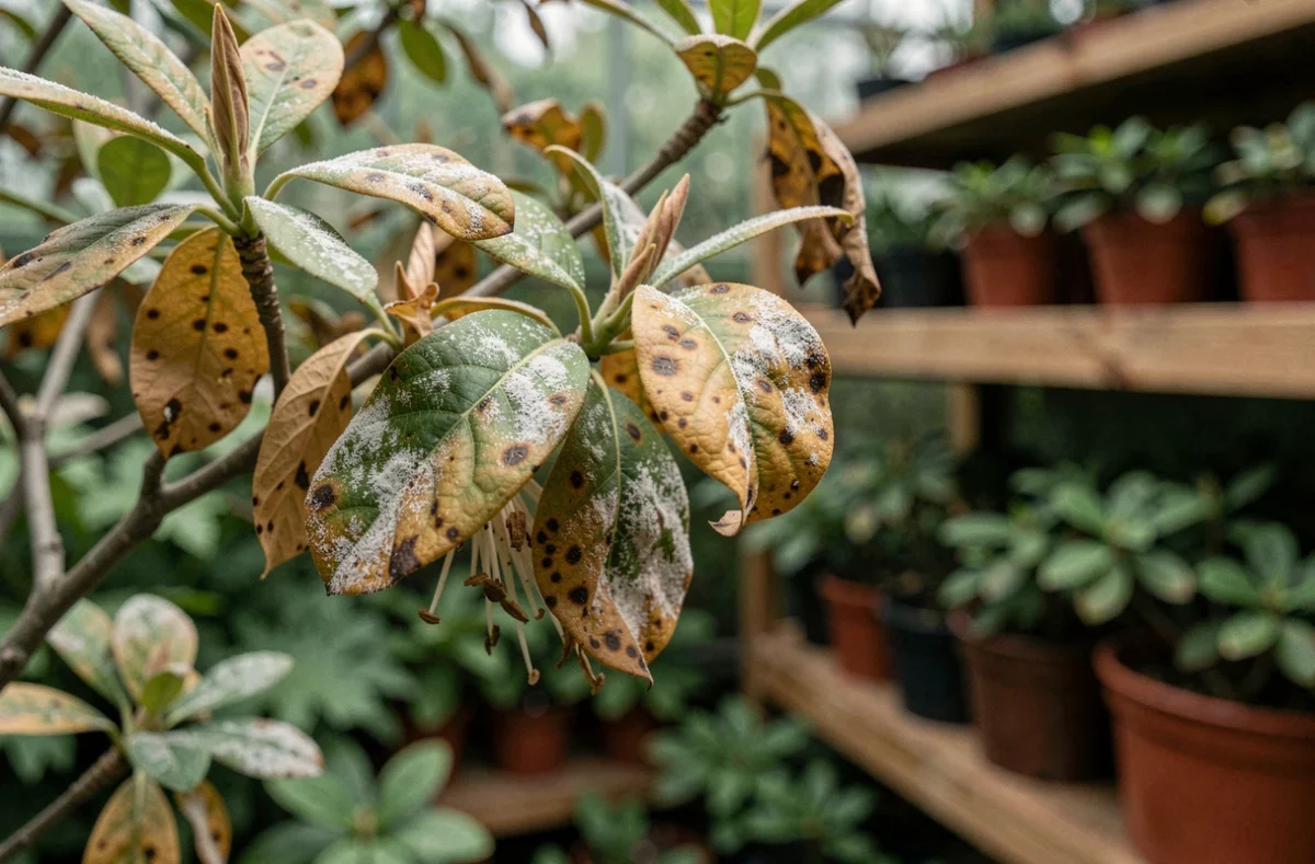 Gros plan sur des feuilles d'azalée avec taches rouille, résidu poudreux et symptômes de maladies fongiques