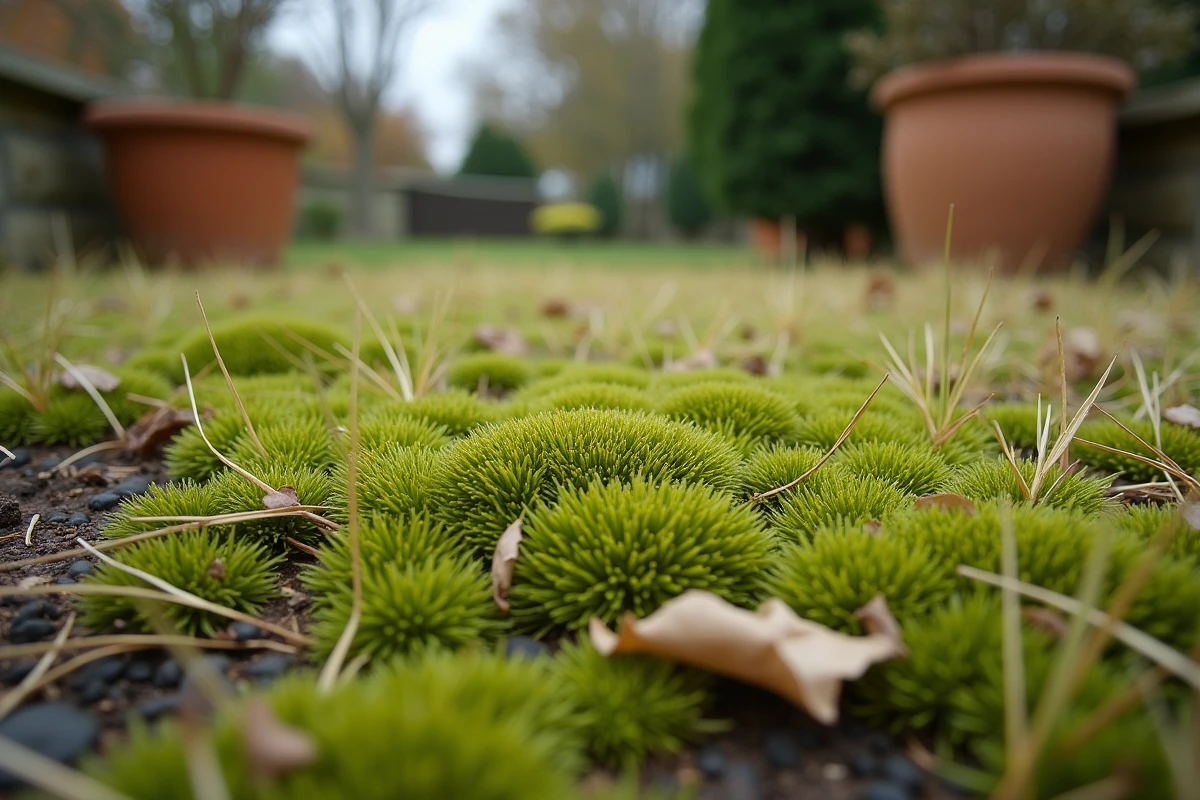 Gros plan sur de la mousse dense recouvrant une pelouse clairsemée avec des zones de sol compacté visible