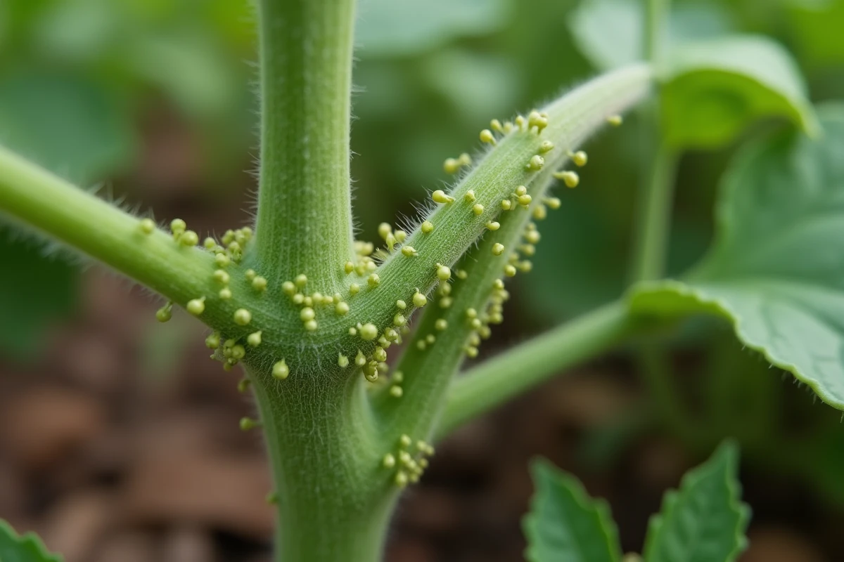 Gros plan de pucerons verts sur une tige et des feuilles de plant de tomate