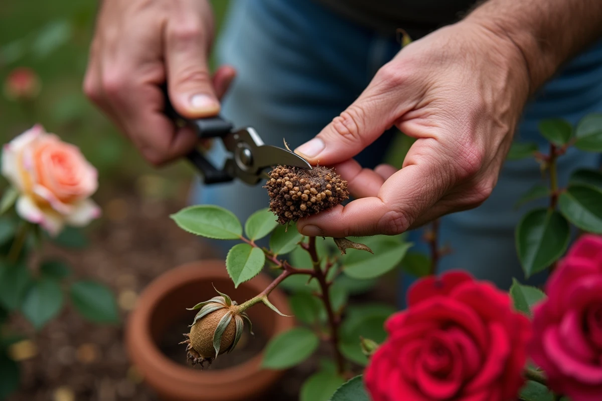 Gros plan de mains coupant les rosiers fanés avec un sécateur dans un jardin