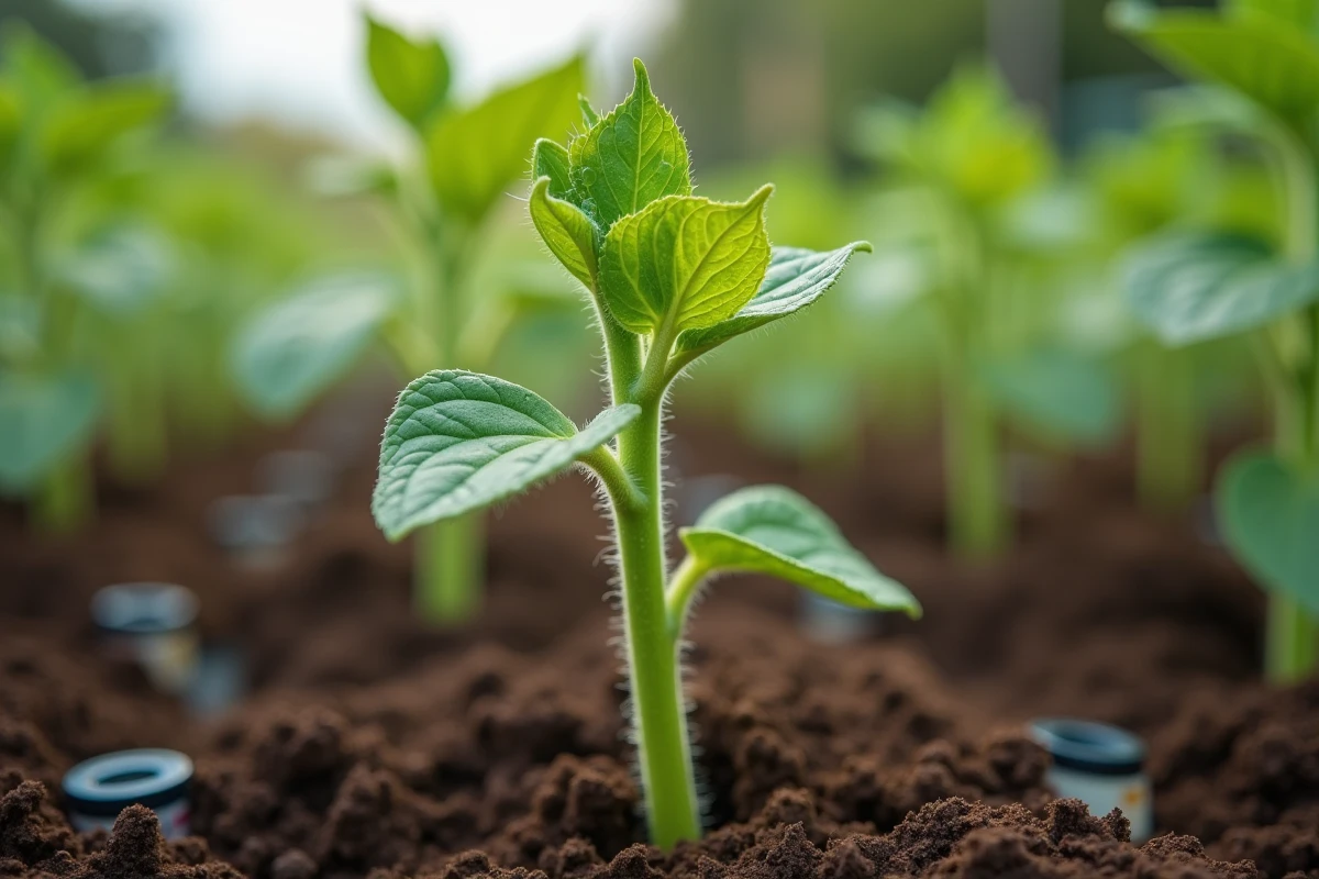Gros plan sur une tige de tournesol avec capteurs de données montrant la réaction physiologique d'une plante aux stress environnementaux