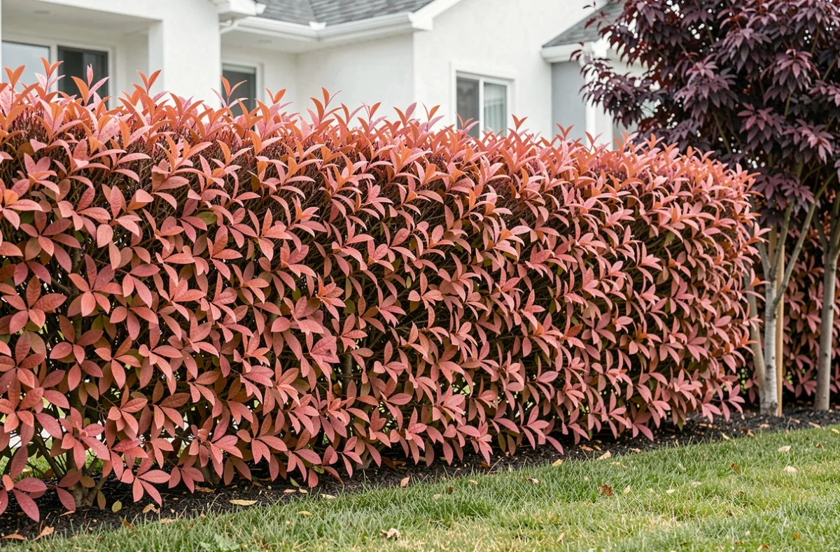Haie décorative composée d'arbres à feuilles roses et bordeaux séparant un jardin d'une maison moderne