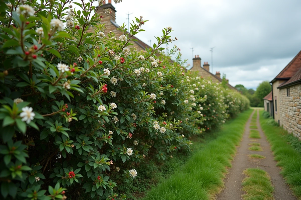 Haie naturelle composée d'aubépine, de prunellier et d'églantier en bordure de jardin rural