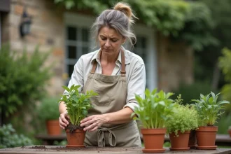 Femme séparant des plantes aromatiques incompatibles dans un jardin de campagne