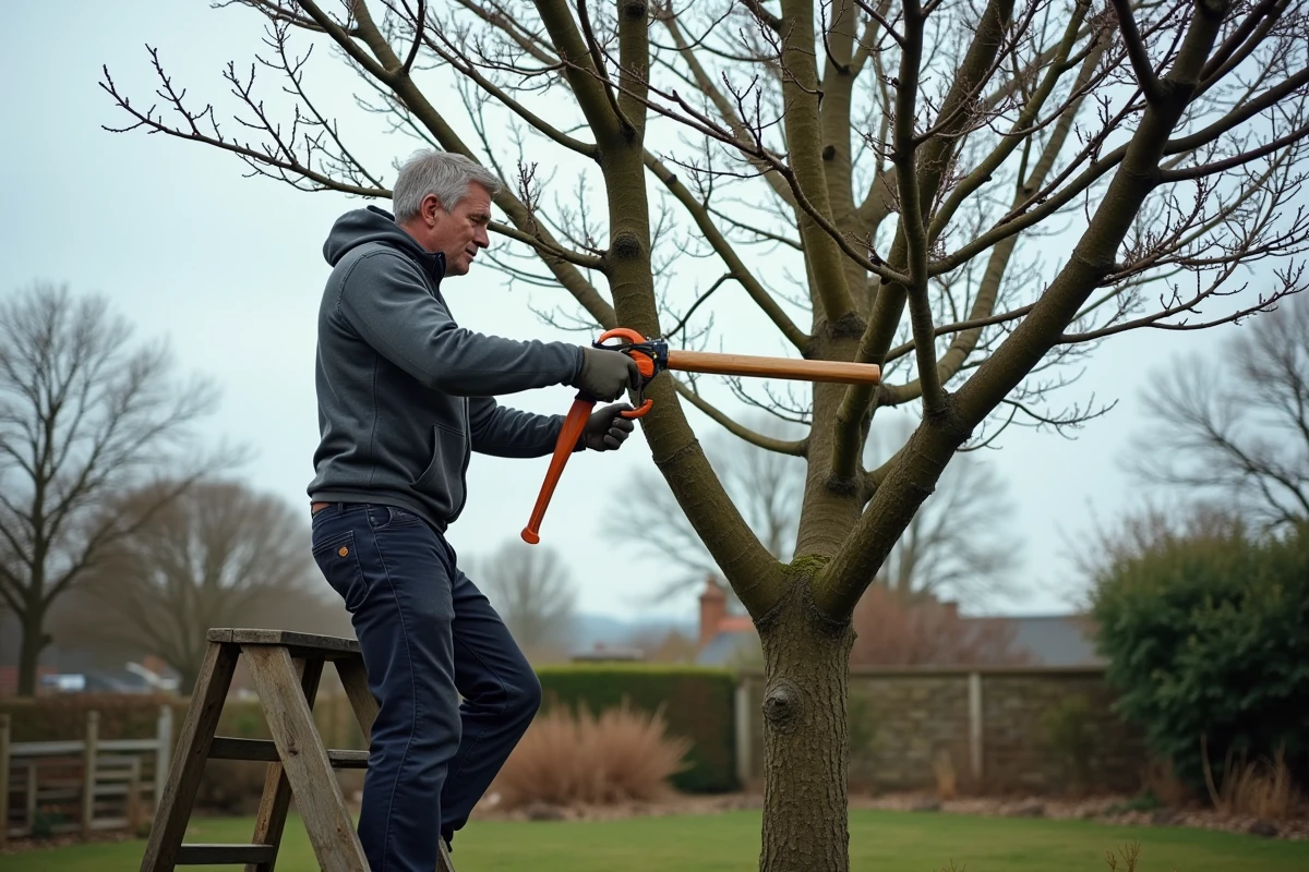Homme sur un escabeau utilisant un ébrancheur pour supprimer une branche charpentière sur un prunier adulte en hiver