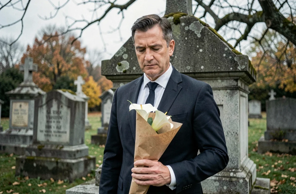 Homme tenant un lys blanc en hommage lors d'une cérémonie funéraire dans un cimetière
