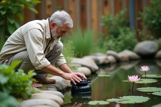 Homme inspectant un filtre de bassin de jardin au bord d'un étang naturel entouré de plantes aquatiques