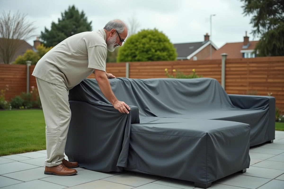 Homme installant une housse de protection en polyester gris sur un canapé d'angle de jardin en terrasse