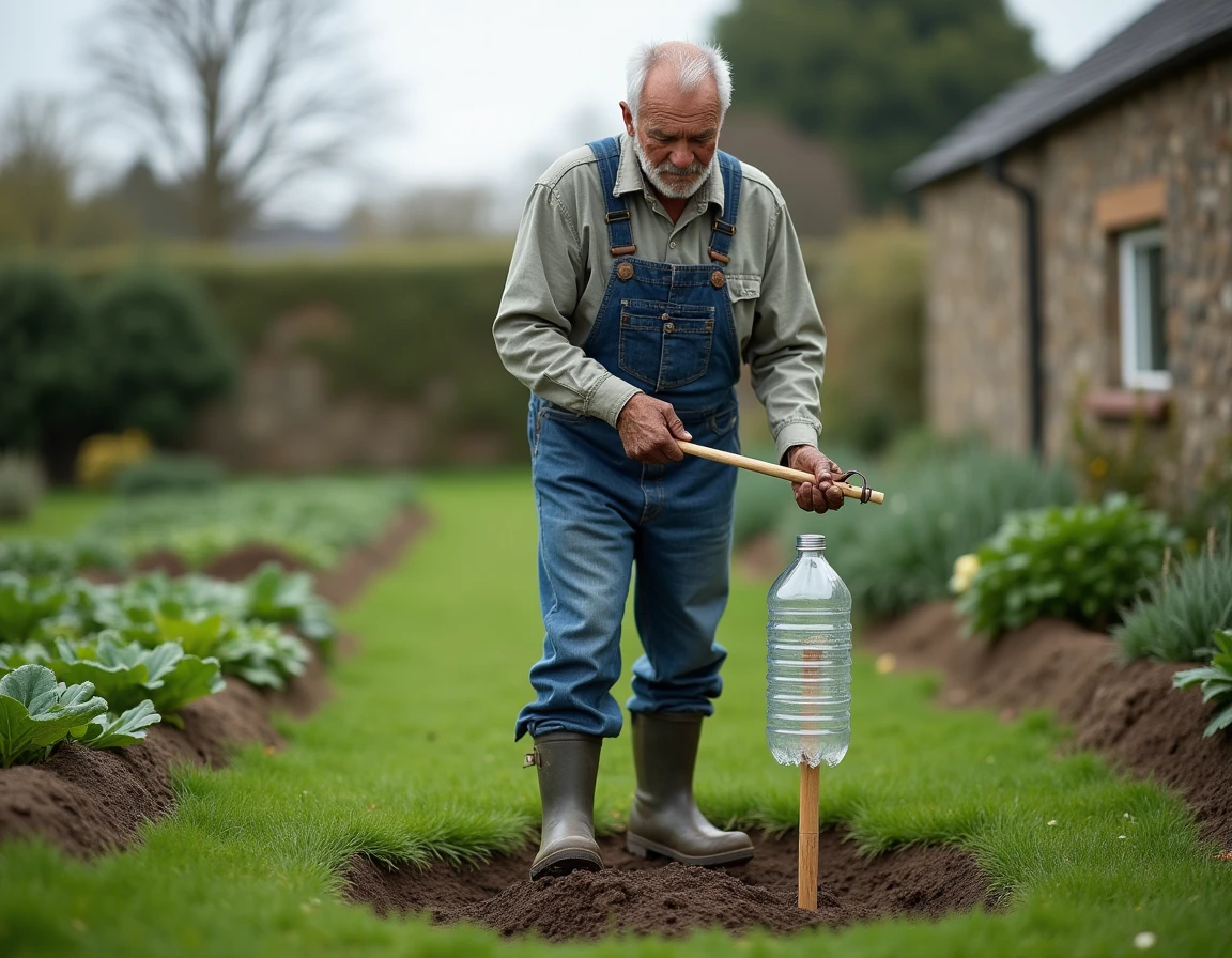 Homme âgé installant un répulsif maison contre les taupes dans son potager