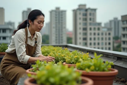 Femme soignant des plantes en mauvaise santé dans un jardin potager urbain sur toiture, illustrant les difficultés de l'agriculture urbaine