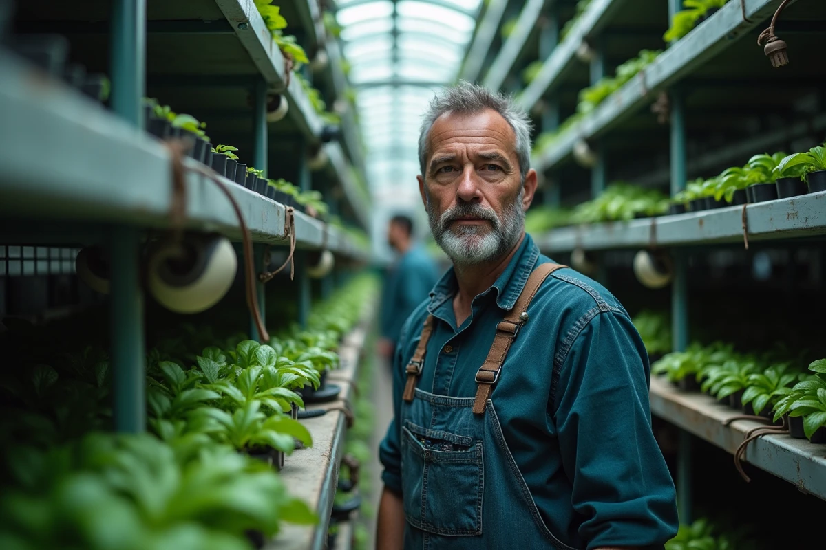 Agriculteur urbain dans une ferme hydroponique intérieure encombrée, soulignant les contraintes d'espace et la complexité technique de l'agriculture urbaine