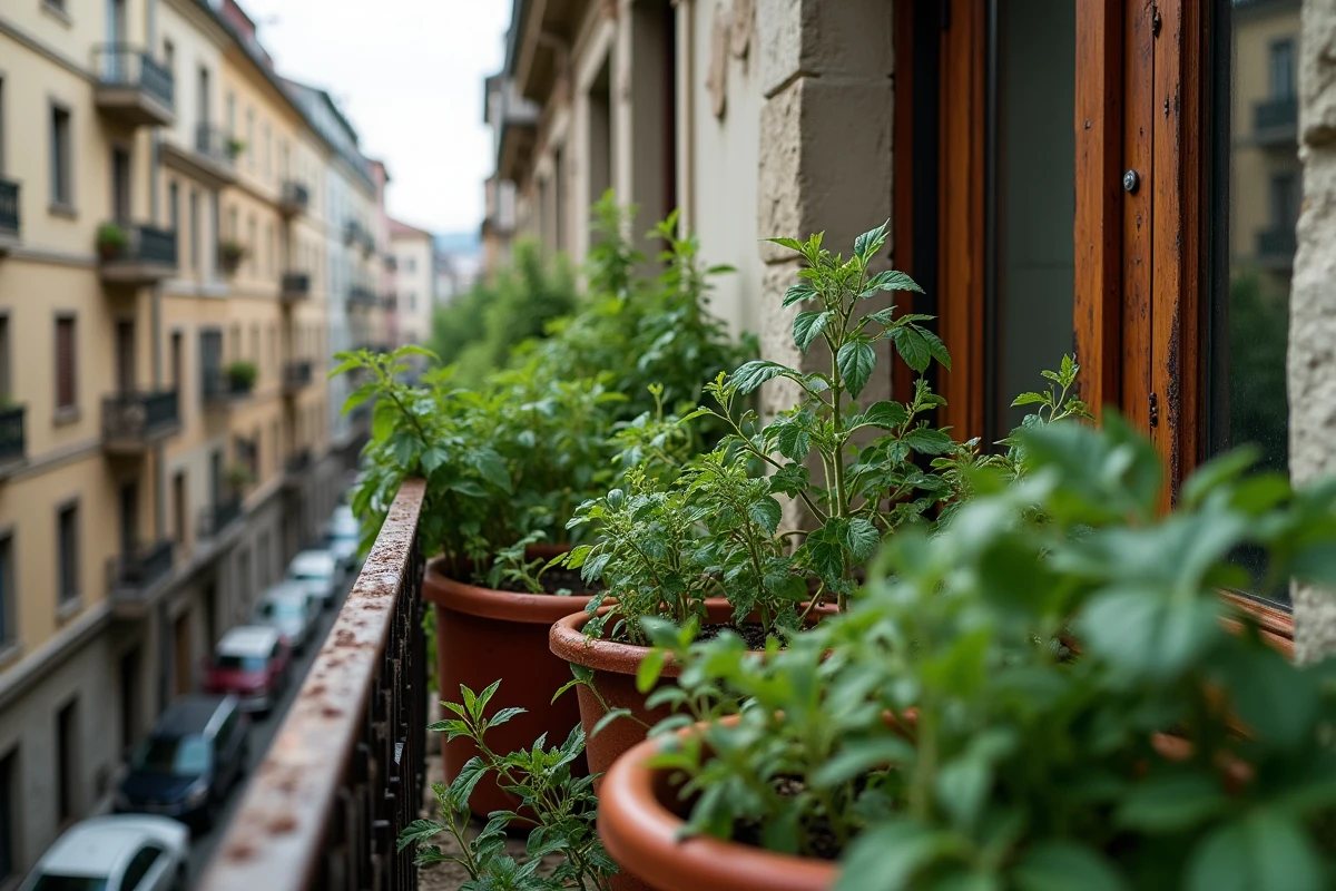 Balcon urbain avec des plantes en mauvaise santé, des pots surchargés et des traces d'attaques de parasites, illustrant les limites de l'agriculture urbaine en milieu dense
