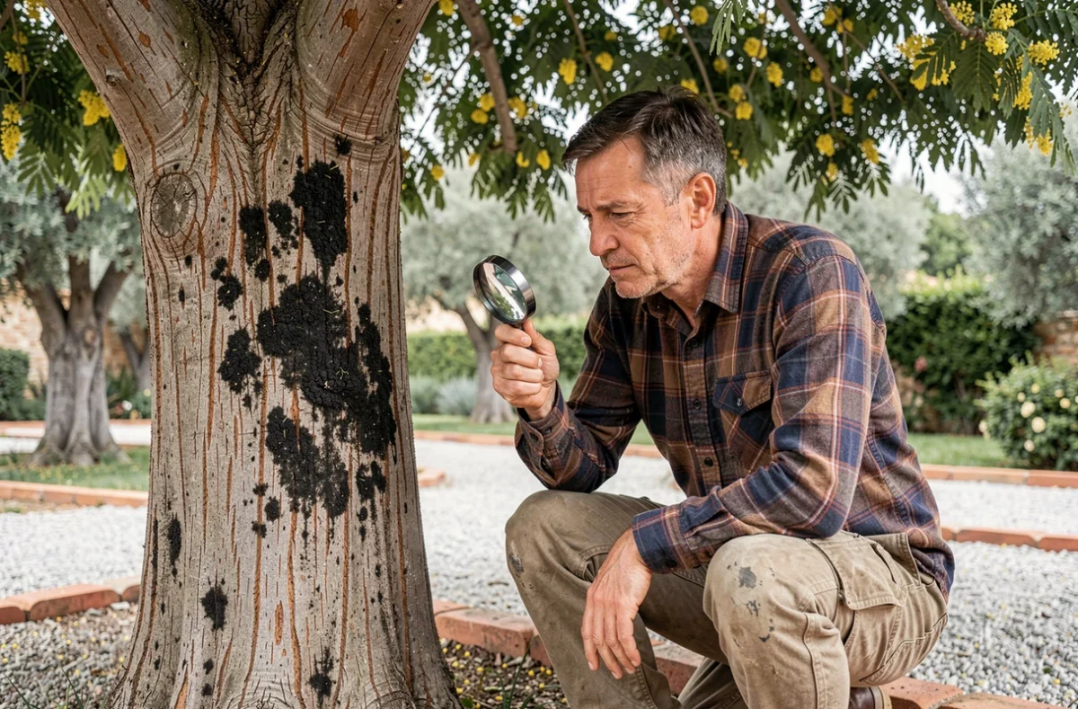 Jardinier inspectant des taches de maladie sur l'écorce d'un tronc de mimosa après la taille dans un jardin méditerranéen
