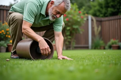 Homme inspectant l'aplat d'une pelouse avant d'utiliser un rouleau cylindrique de jardin