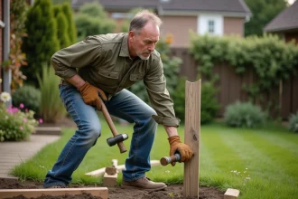 Homme bricoleur installant un poteau de clôture en bois dans un jardin suburban, projet de clôture fait maison