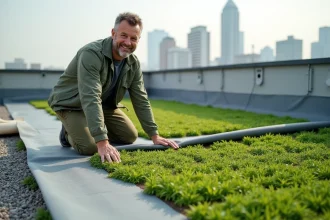 Paysagiste posant un tapis de sedum sur une toiture plate lors de l'installation d'un toit végétalisé en milieu urbain