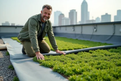 Paysagiste posant un tapis de sedum sur une toiture plate lors de l'installation d'un toit végétalisé en milieu urbain