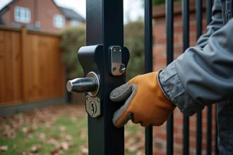 Homme installant un verrou en acier sur un portail en fer forgé pour renforcer la sécurité d'une clôture de jardin