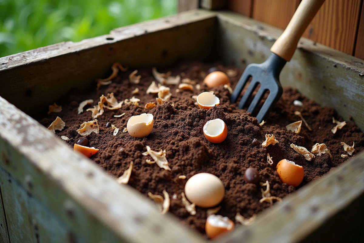 Gros plan sur l'intérieur d'un bac à compost avec des couches de déchets organiques en décomposition et une fourche